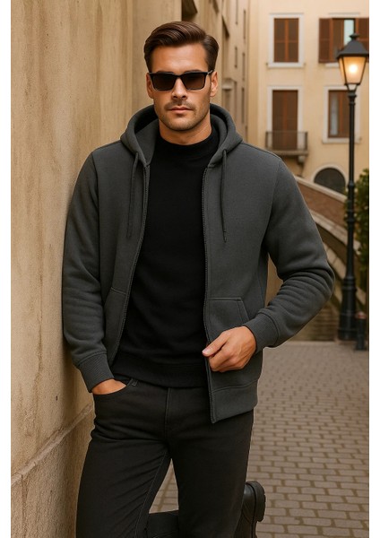 Erkek Kışlık Kapsonlu Antrasit Fermuarlı Oversize Sweat fırsatları