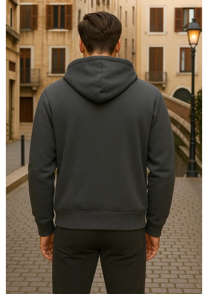 Erkek Kışlık Kapsonlu Antrasit Fermuarlı Oversize Sweat