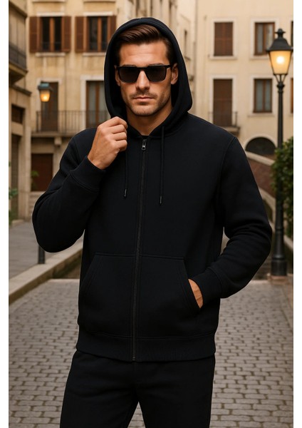 Erkek Kışlık Kapsonlu Siyah Fermuarlı Oversize Sweat