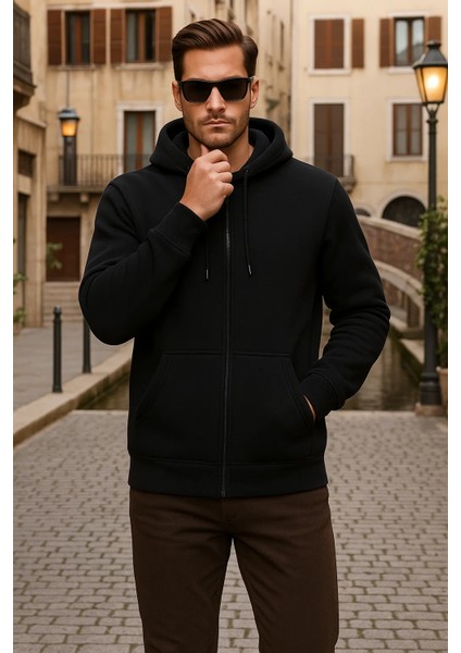 Erkek Kışlık Kapsonlu Siyah Fermuarlı Oversize Sweat fiyatları