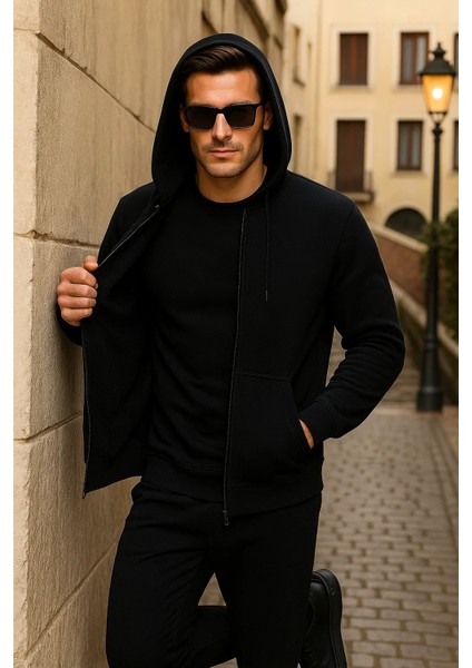 Erkek Kışlık Kapsonlu Siyah Fermuarlı Oversize Sweat fırsatları