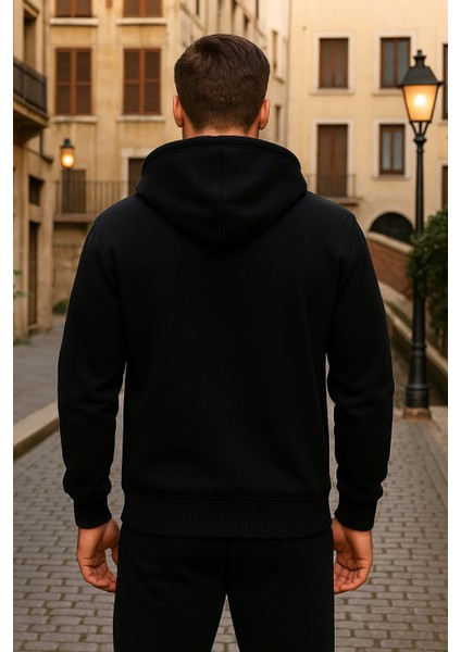 Erkek Kışlık Kapsonlu Siyah Fermuarlı Oversize Sweat