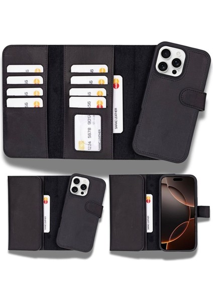 Apple iPhone 16 Pro Max Uyumlu, Hakiki Deri, El Yapımı, Cüzdanlı Kılıf, Mat Siyah