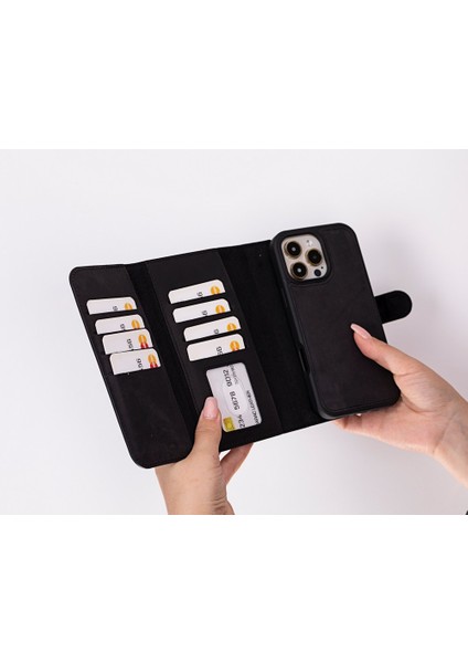 Apple iPhone 16 Pro Max Uyumlu, Hakiki Deri, El Yapımı, Cüzdanlı Kılıf, Mat Siyah fiyatları