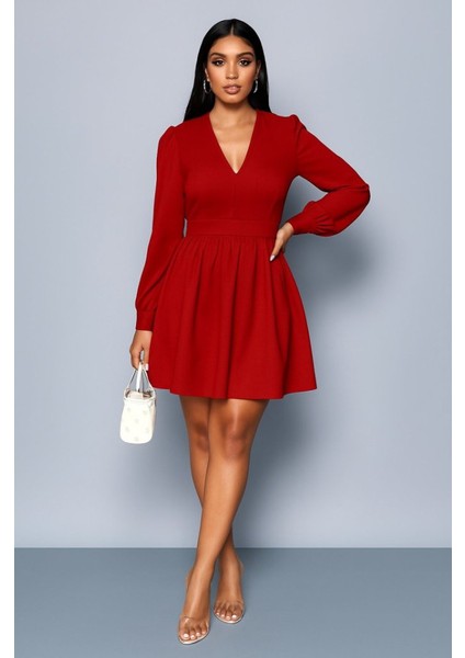 Kadın Uzun Kollu V Yaka Belden Hafif Pileli Scuba Krep Mini Boy Elbise fırsatları