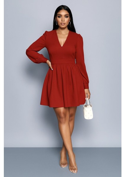 Kadın Uzun Kollu V Yaka Belden Hafif Pileli Scuba Krep Mini Boy Elbise indirimleri