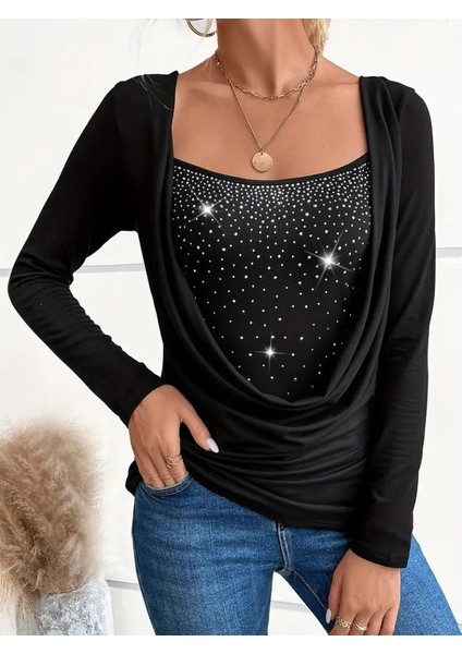 Kadın Uzun Kollu Derin Degaje Yakalı Taşlı Sandy Bluz fiyatları