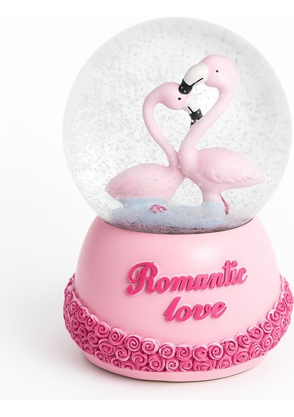 Mega Boy Pembe Flamingo Işıklı Renkli 3D Cam Kar Küresi Müzikli Kar Efektli Püskürtmeli Hediyelik