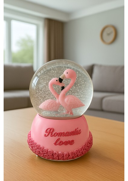 Mega Boy Pembe Flamingo Işıklı Renkli 3D Cam Kar Küresi Müzikli Kar Efektli Püskürtmeli Hediyelik modelleri