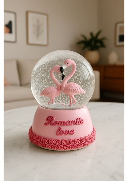 Mega Boy Pembe Flamingo Işıklı Renkli 3D Cam Kar Küresi Müzikli Kar Efektli Püskürtmeli Hediyelik indirimleri