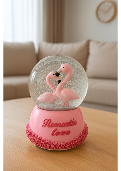 Mega Boy Pembe Flamingo Işıklı Renkli 3D Cam Kar Küresi Müzikli Kar Efektli Püskürtmeli Hediyelik