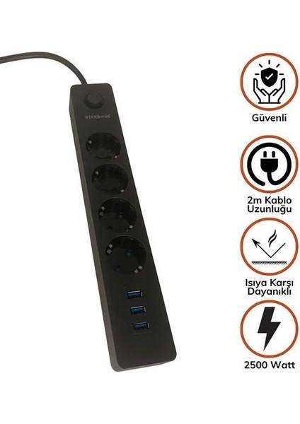 ® Termak Akım Korumalı 4 Priz 3 USB Girişli Uzatma Kablosu Güç&şarj