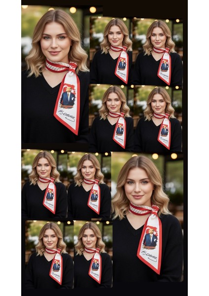 10'lu Beyaz Mavi Masal Atatürk Fotoğraflı ve Imzalı Türk Bayraklı Kravat / Eşarp / Fular