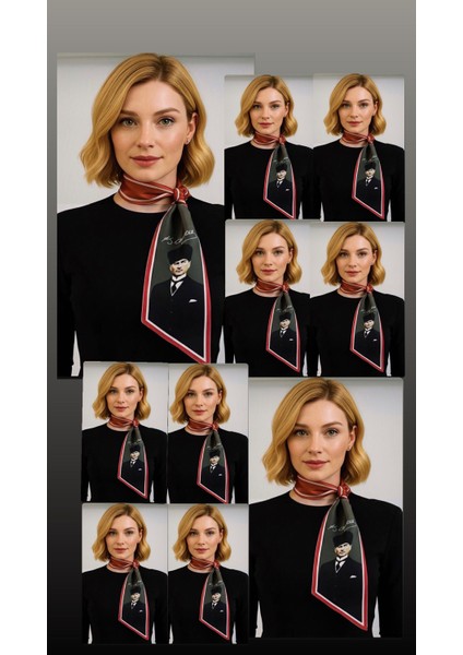 10'lu Mavi Masal Atatürk Fotoğraflı ve Imzalı Türk Bayraklı Kravat / Eşarp / Fular