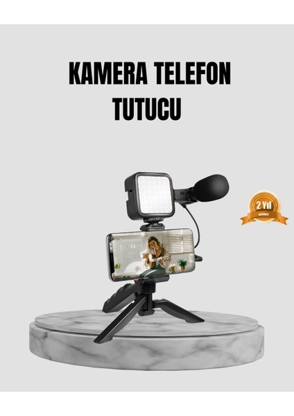 Telefon Video Çekim Kiti LED Aydınlatma Mikrofon Tripodlu Tam Set