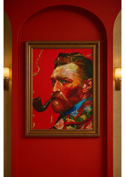 Kırmızı Fon Üzerinde Van Gogh – Modern Dijital Portre Duvar Tablosu (Çerçeveli)