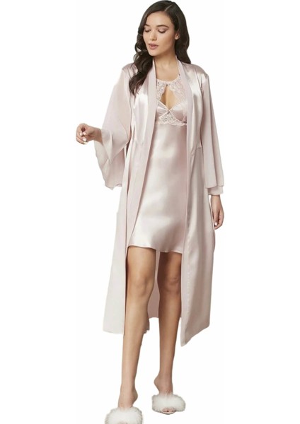 Saten Dantelli Gecelik ve Sabahlık Takımı 4375 Pudra fiyatları