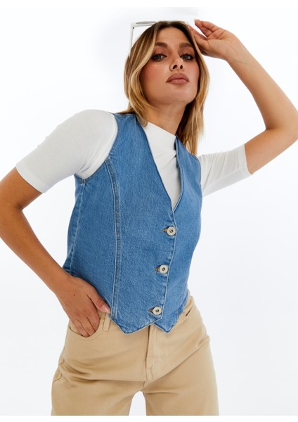 Kadın Denim Yelek – Şık Düğmeli Jean Yelek, Günlük ve Casual Kombin fiyatları