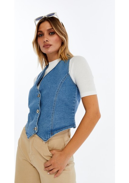 Kadın Denim Yelek – Şık Düğmeli Jean Yelek, Günlük ve Casual Kombin indirimleri