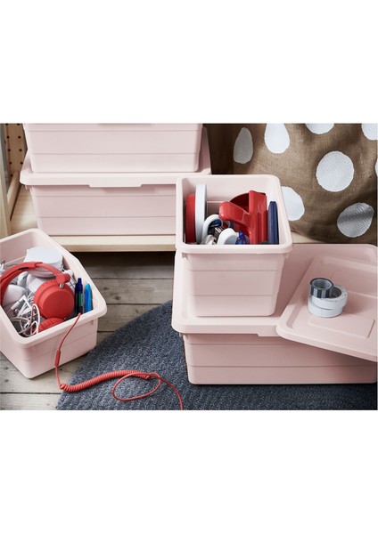 3'lü Kutu Seti Çok Amaçlı Organizer Kapaklı Kutu Seti Pudra Pembe