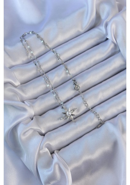 316L Çelik Zincir Gümüş Renk Baget Taşlı İnci Detay Kutup Yıldızı Kolye fiyatları
