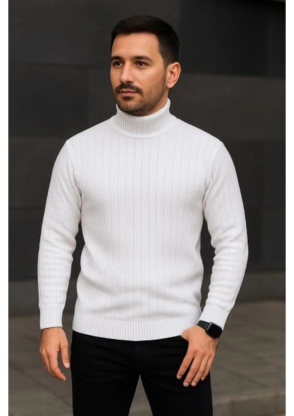 Erkek Balıkcı Yaka Bağazlı Triko Kazak Pamuklu Kalın Fitilli Dokuma, Regular Fit Uzun Kollu Kışlık Model - Beyaz