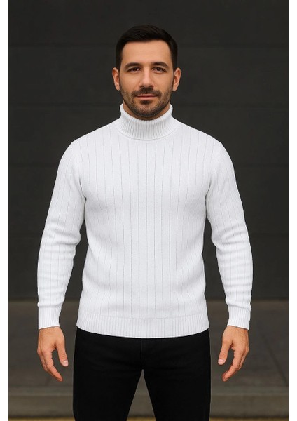 Erkek Balıkcı Yaka Bağazlı Triko Kazak Pamuklu Kalın Fitilli Dokuma, Regular Fit Uzun Kollu Kışlık Model - Beyaz modelleri