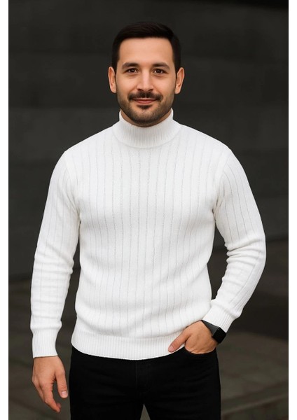 Erkek Balıkcı Yaka Bağazlı Triko Kazak Pamuklu Kalın Fitilli Dokuma, Regular Fit Uzun Kollu Kışlık Model - Beyaz fırsatları