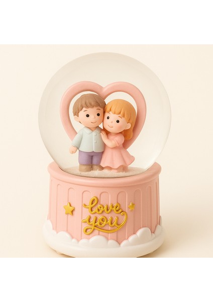 Mega Boy Sevgili Figürlü Işıklı Renkli 3D Cam Kar Küresi Müzikli Kar Efektli Püskürtmeli Hediyelik