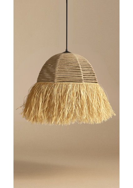 El Yapımı Saçaklı Jüt Halat Hasır Bohem Rustik Avize Kafe, Balkon, Salon Sarkıt Avize (40CM)