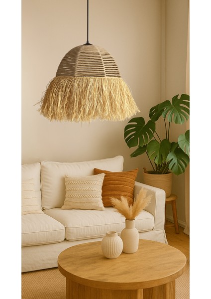 El Yapımı Saçaklı Jüt Halat Hasır Bohem Rustik Avize Kafe, Balkon, Salon Sarkıt Avize (40CM) fiyatları