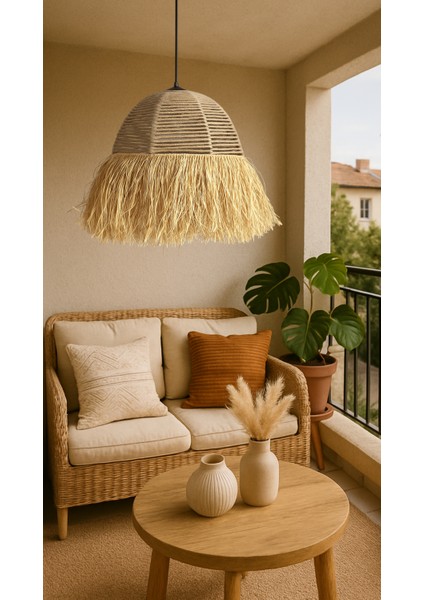 El Yapımı Saçaklı Jüt Halat Hasır Bohem Rustik Avize Kafe, Balkon, Salon Sarkıt Avize (40CM) modelleri