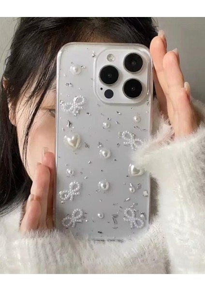 Iphone Uyumlu İncili Kalpli Fiyonklu Kılıf