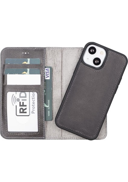Mulvxurg URG02 Apple Iphone 13 Mini Uyumlu Deri Cüzdanlı Kılıf Mwwn Tn1 Gri (Mulvix)