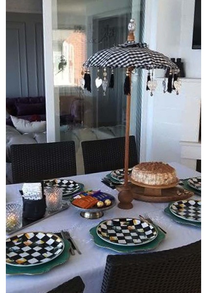 Siyah Beyaz Kareli Ahşap Ayaklı Dekoratif Bali Şemsiyesi 80 cm fiyatları