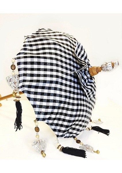 Siyah Beyaz Kareli Ahşap Ayaklı Dekoratif Bali Şemsiyesi 80 cm indirimleri