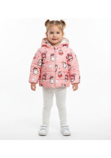 Penguen Baskılı Kız Çocuk Mont
