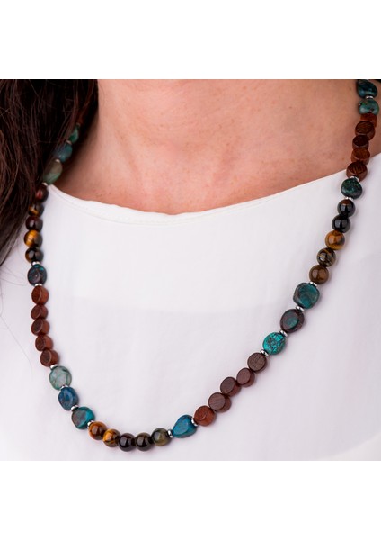 Kaplan Gözü, Turkuaz, Sinameki Ağacı ve Hematit Doğal Taş Kadın Kolye