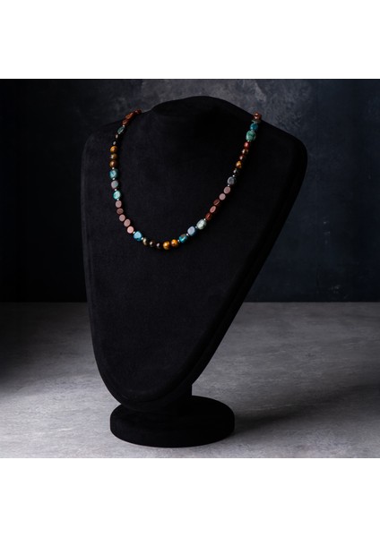 Kaplan Gözü, Turkuaz, Sinameki Ağacı ve Hematit Doğal Taş Kadın Kolye modelleri