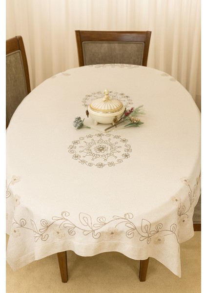 Buldan Kahverengi Süzeni Nakış Işlemeli Masa Örtüsü