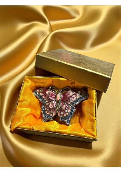 Vintage Dekoratif Kelebek Tasarımlı Mücevher Kutusu, Pembe ve Mavi Kristal Taşlı, Altın Rengi Metal Detaylı, Biblo ve Takı Saklama fırsatları