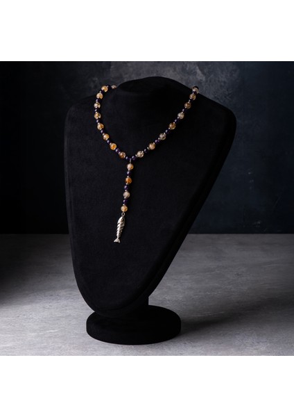 Ametist, Sitrin ve Çelik Boncuk Doğal Taş Kadın Kolye