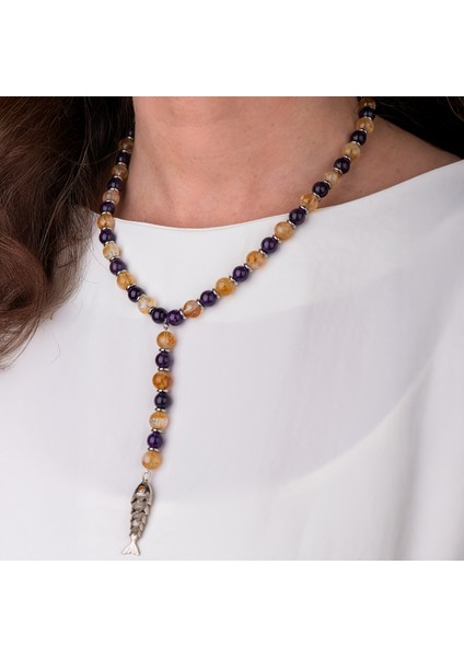 Ametist, Sitrin ve Çelik Boncuk Doğal Taş Kadın Kolye modelleri