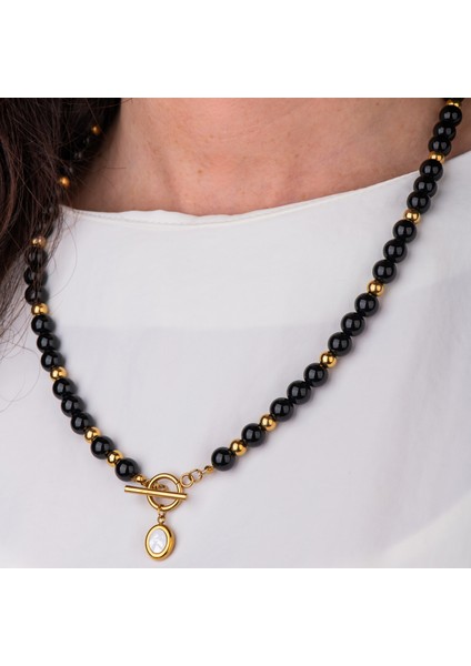 Oniks ve Çelik Boncuk Doğal Taş Kadın Kolye