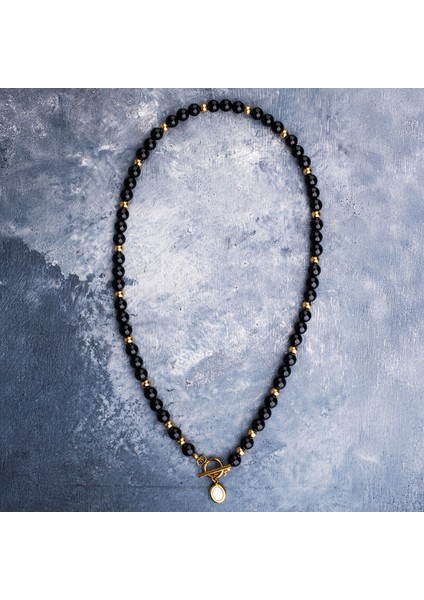 Oniks ve Çelik Boncuk Doğal Taş Kadın Kolye modelleri