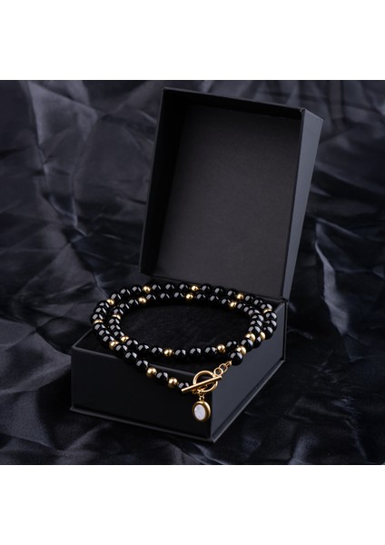 Oniks ve Çelik Boncuk Doğal Taş Kadın Kolye fırsatları