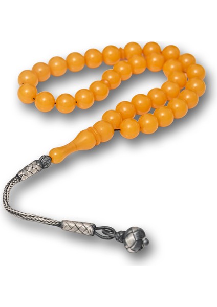 Gümüş Top Kazaz Püsküllü Sarı Yuvarlak Sıkma Kehribar Tesbih