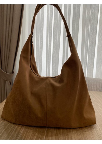 Kahverengi Süet Kadın Shopper Omuz Çantası Yumuşak Form Vintage Model Tote Çanta (28*44)