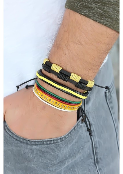 Sarı Renk Zımbalı Deri Erkek Bileklik Kombini - Lisinya