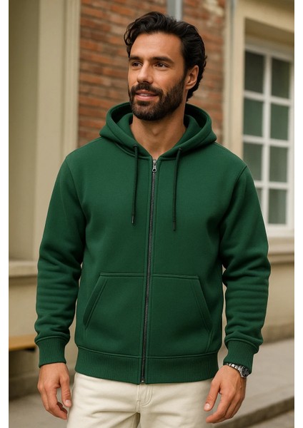 Erkek Kışlık Yeşil Oversize Uzun Hırka Sweatshirt